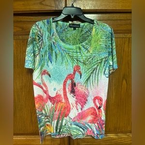Adorable Creation sheer blouse with flamingos very colorful with beading size L